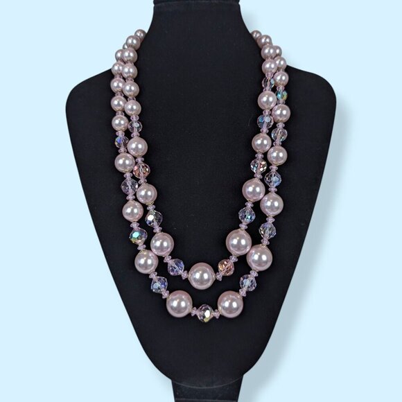 V. 2-Strand Pink Faux Pearl & Crystal Necklace - Picture 1 of 5